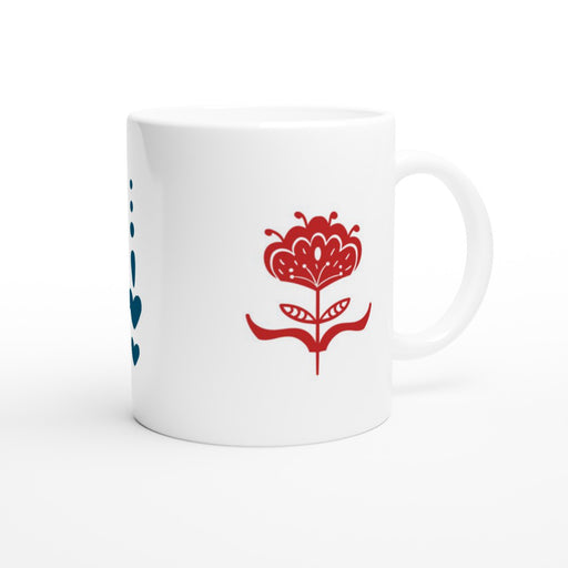 Tasse Blumen und Herz im skandinavischen Stil - ozeanblau/dunkelrot