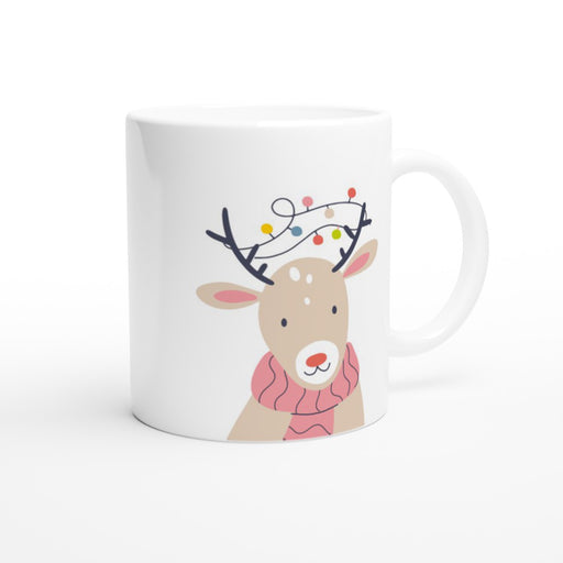 Tasse Weihnachtsrentier - süßes Rentier mit Lichterkette und Schal, weiß