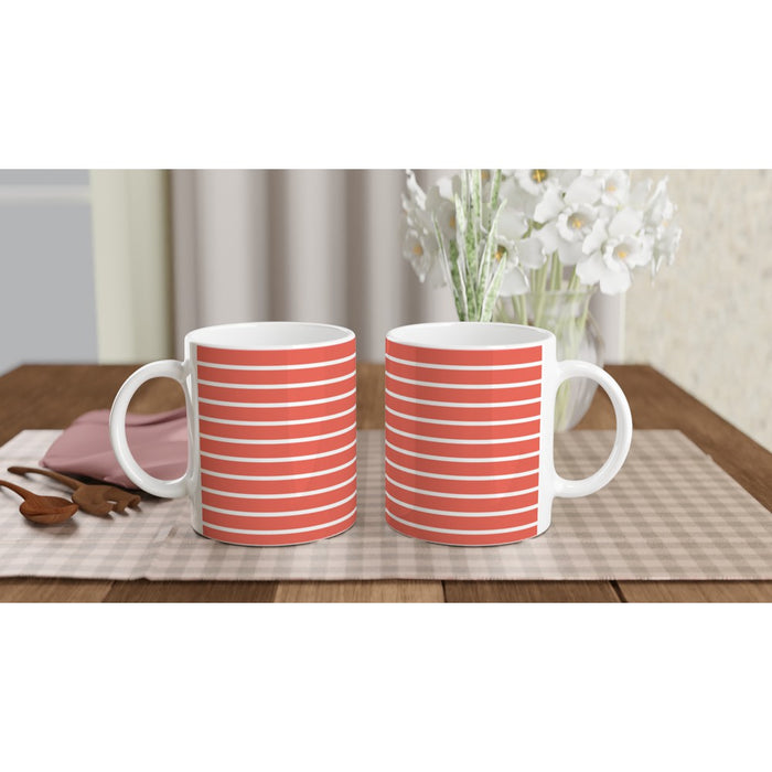 Tasse gestreift - coralle/weiß
