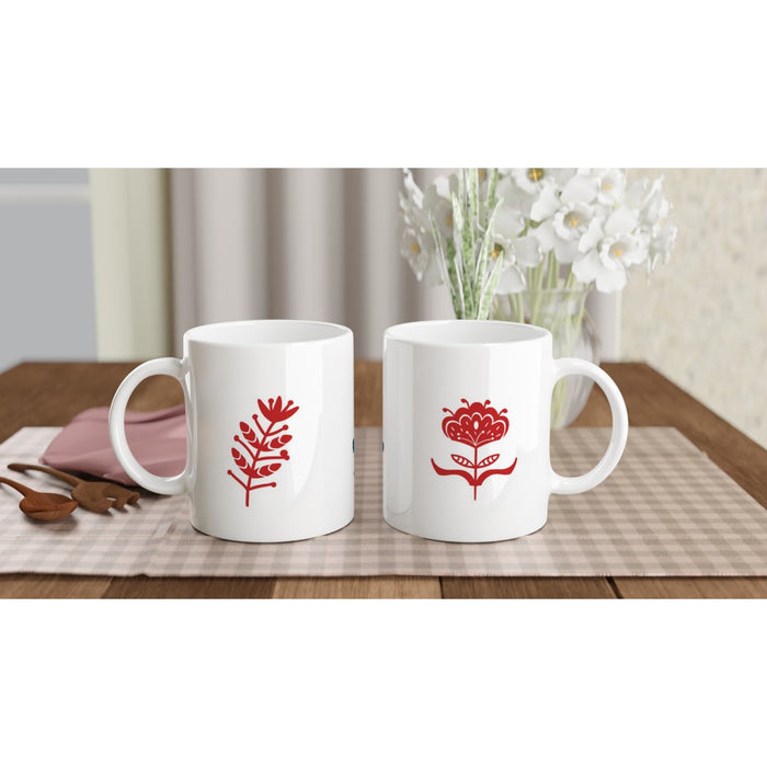 Tasse Blumen und Herz im skandinavischen Stil - ozeanblau/dunkelrot